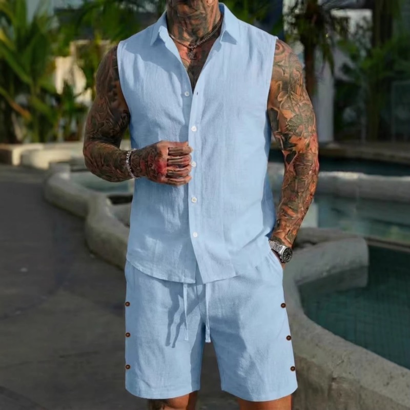 Linen Shorts Men - Men's 2 Piece Linen Textured Sleeveless