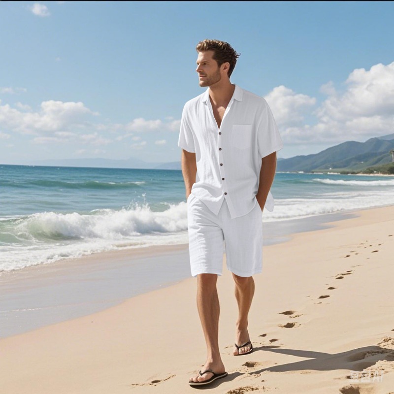 Men Linen Blend Camp Collar Sh - Linen Shorts Men ulasan dan harga
