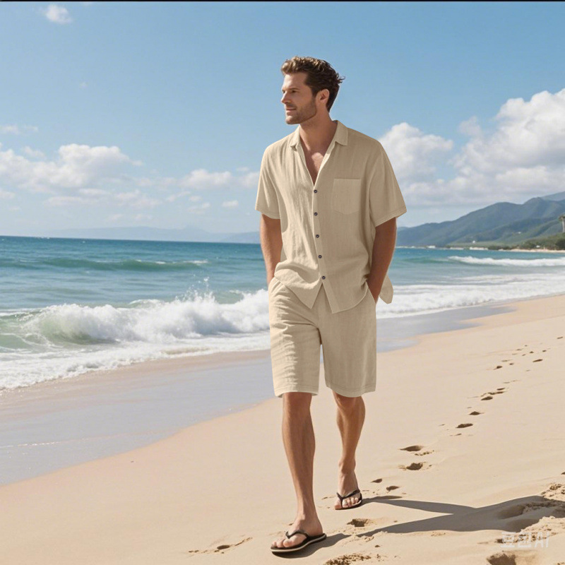 Men Linen Blend Camp Collar Sh - Linen Shorts Men ulasan dan harga