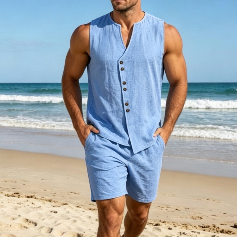 Men Simple Solid Linen Sleevel - Linen Shorts Men ulasan dan harga