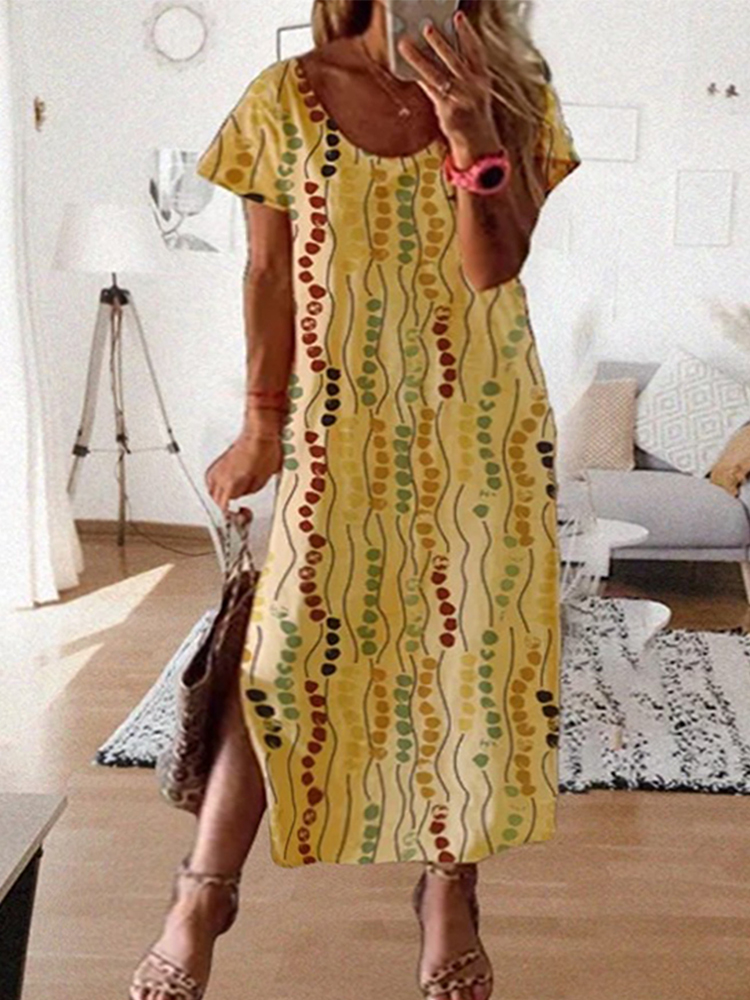 Plus Size Yellow Printed Midi  - Summer Clothing Women Sale ulasan dan harga